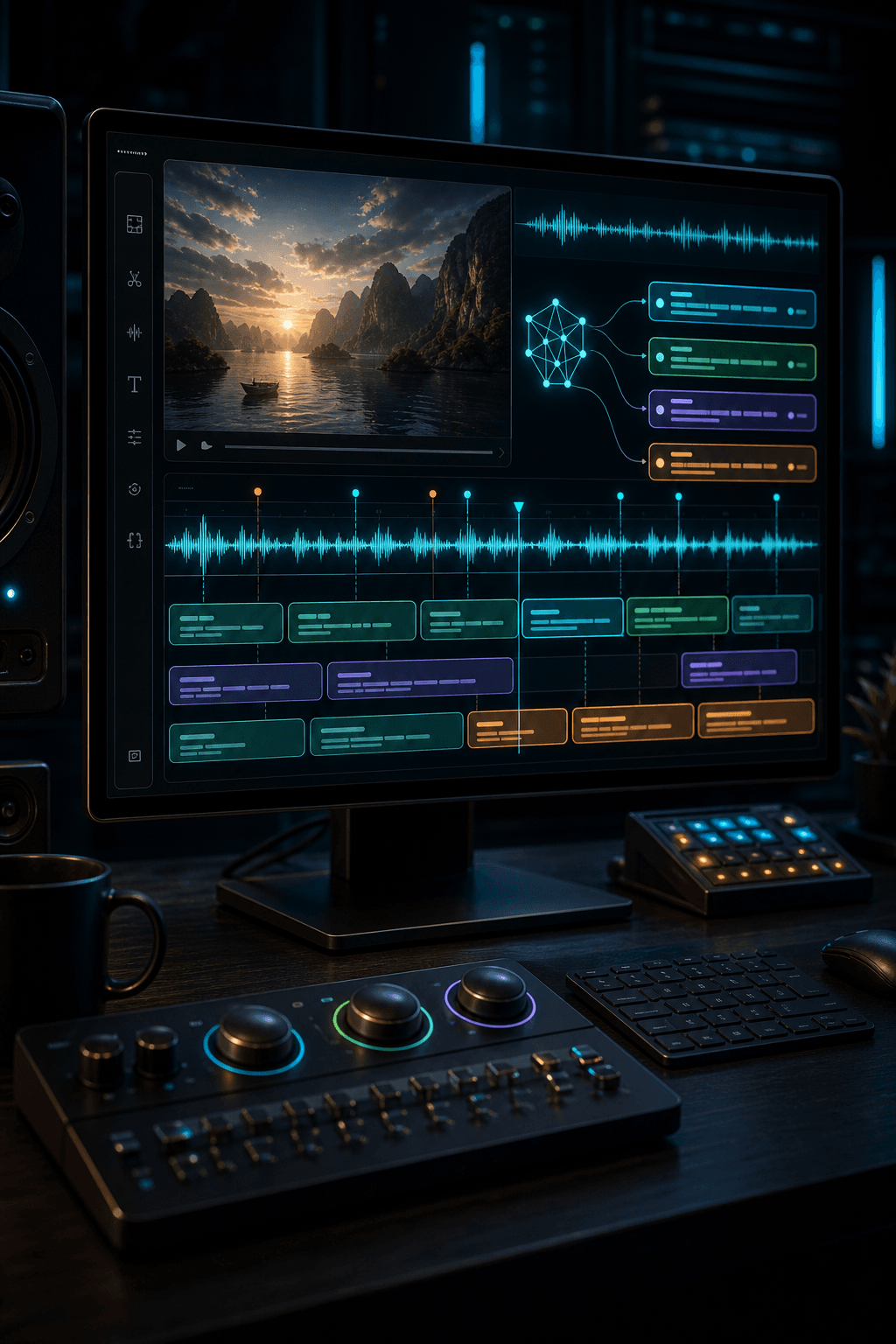AI subtitle timing lanes generated from a video waveform