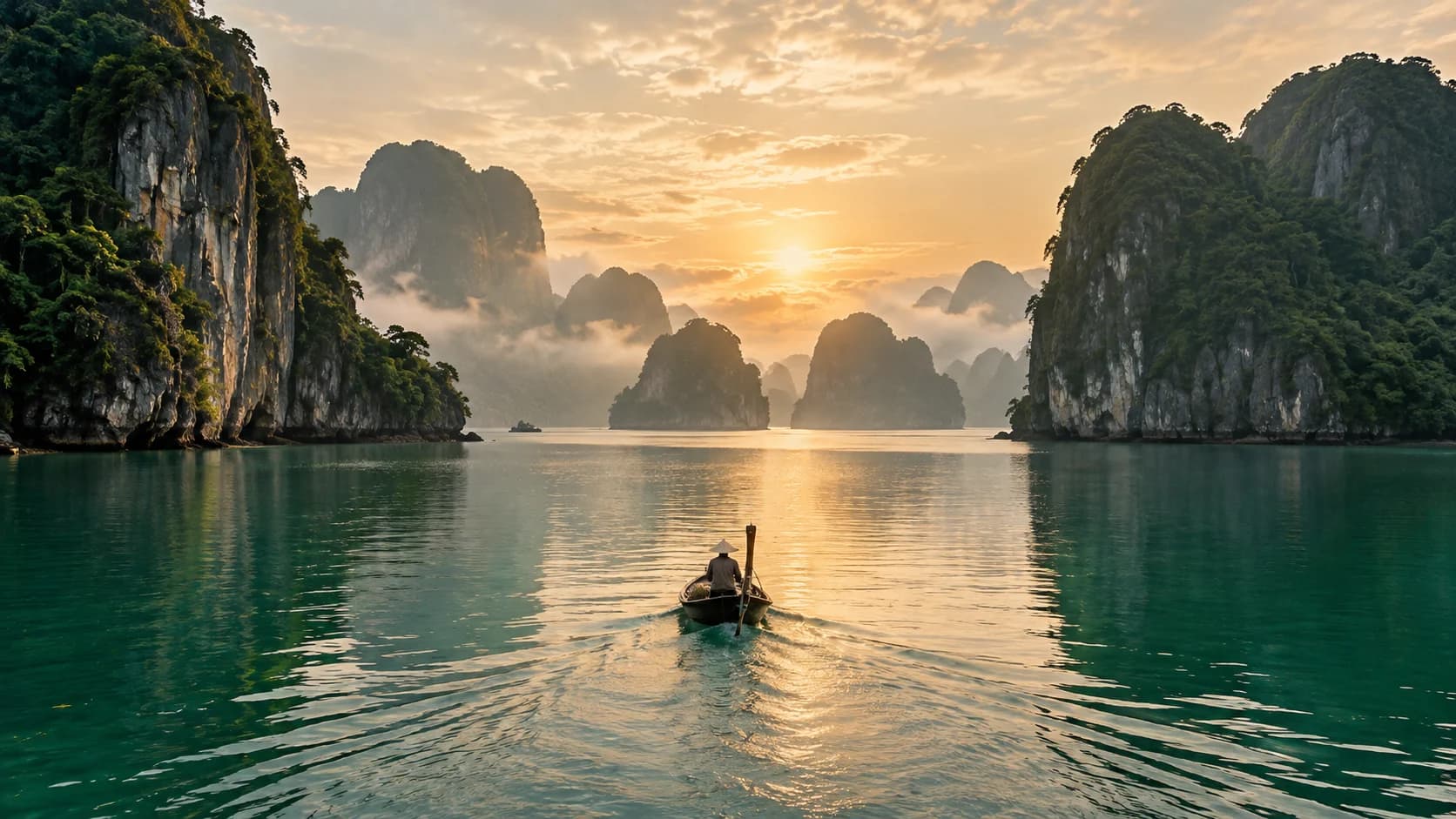 A wooden boat crosses jade waters between limestone islands in Ha Long Bay at sunrise
